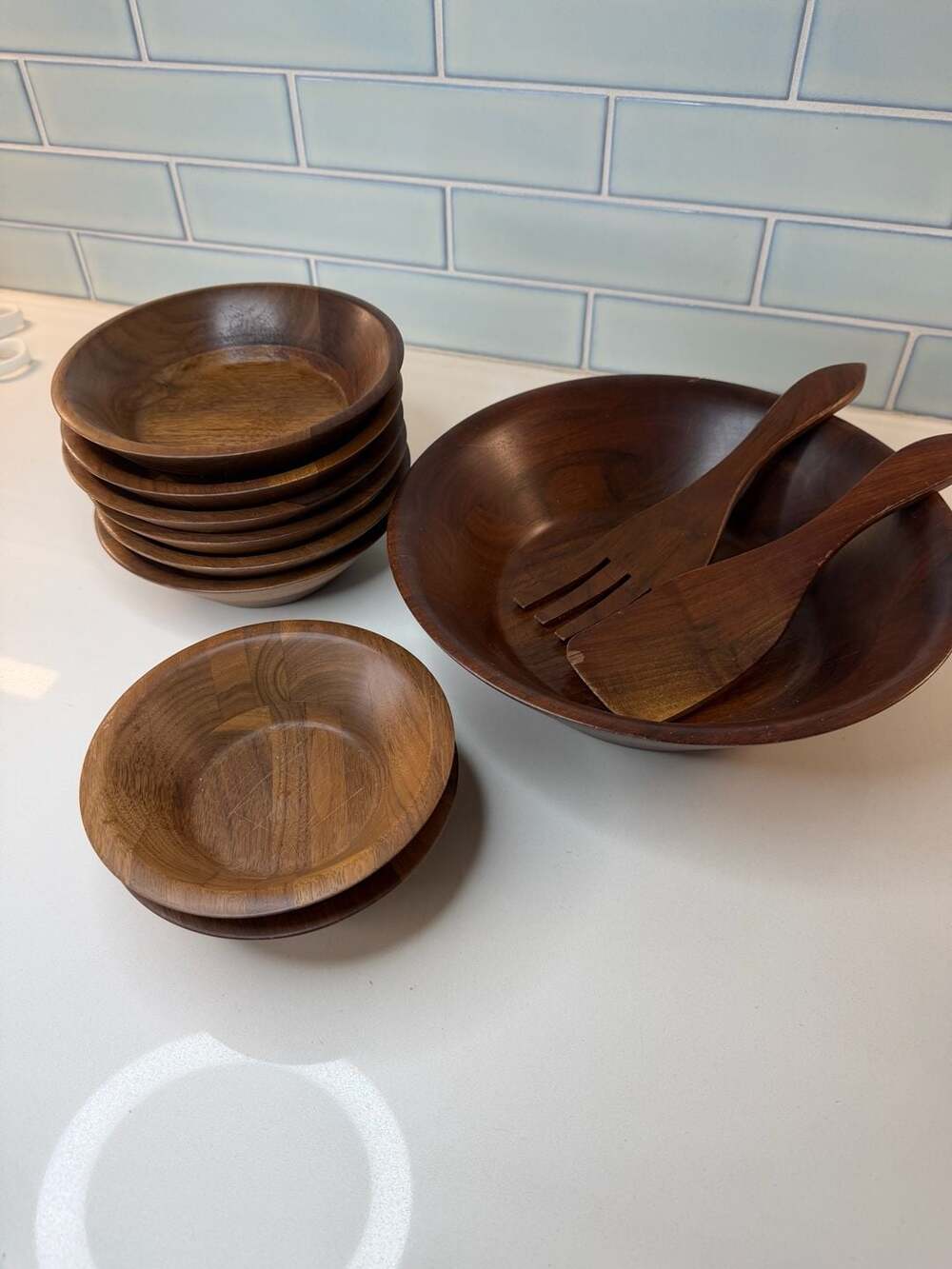 Vintage Walnut Salad Bowl Set with Utensils